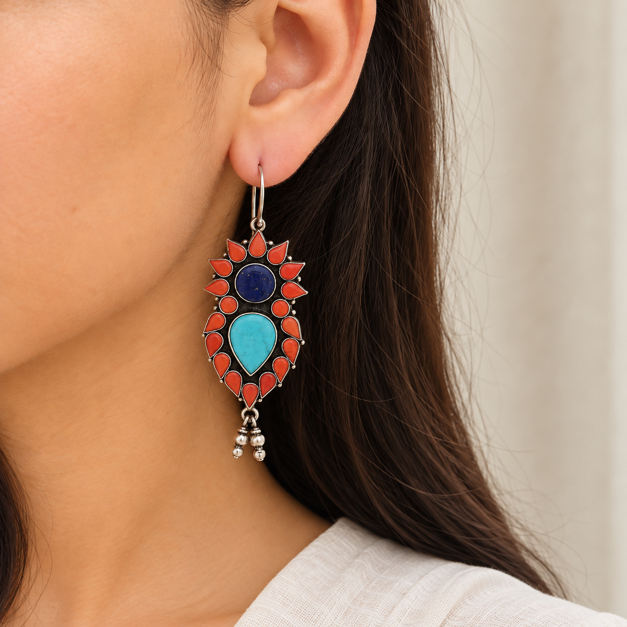Lucy Coral, Lapiz Lazuli And Turquoise Silver 925 Earrings