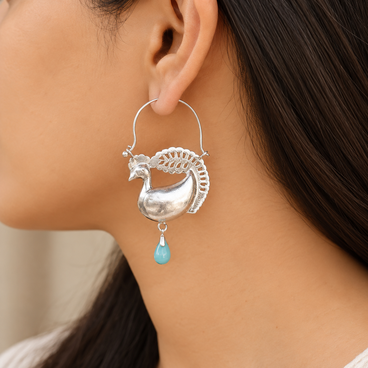 Marvelous Peacock Shaped Silver 925 Turquoise Drop Hoops