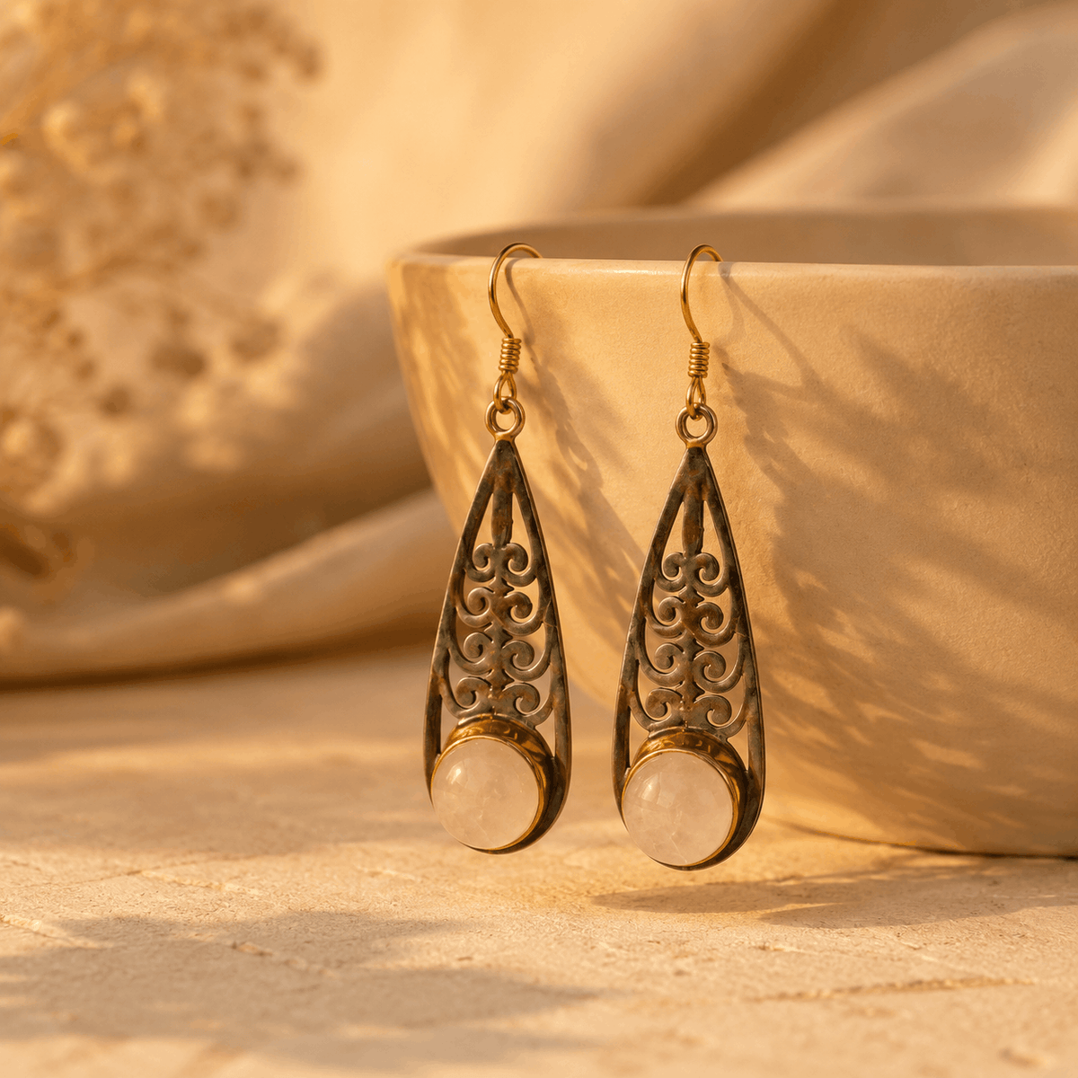 Moonstone Two Tone Leaf Silver 925 Earrings