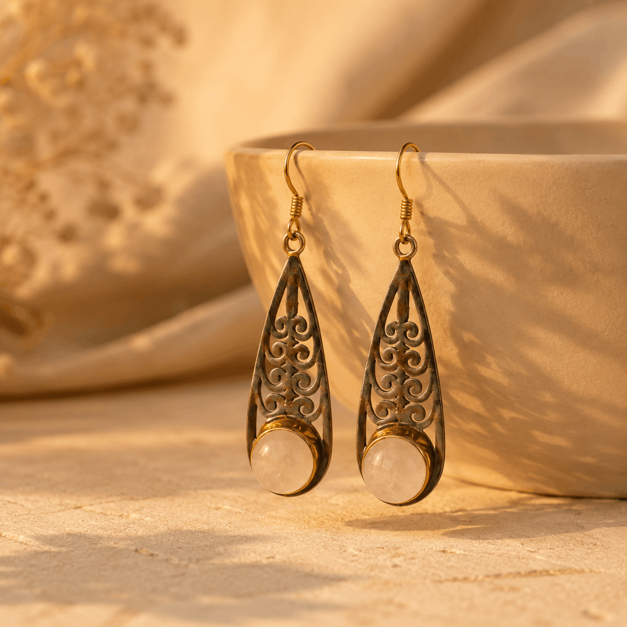Moonstone Two Tone Leaf Silver 925 Earrings