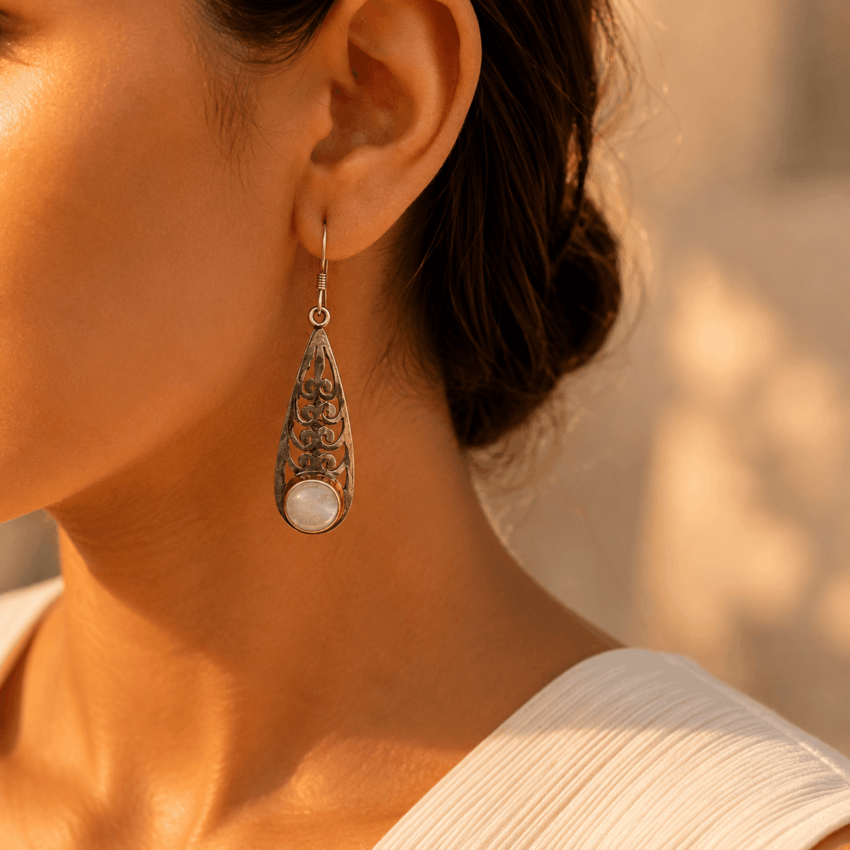 Moonstone Two Tone Leaf Silver 925 Earrings