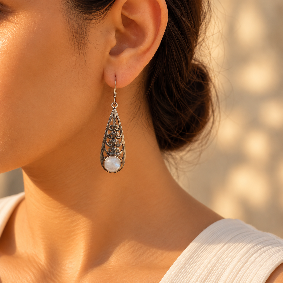 Moonstone Two Tone Leaf Silver 925 Earrings