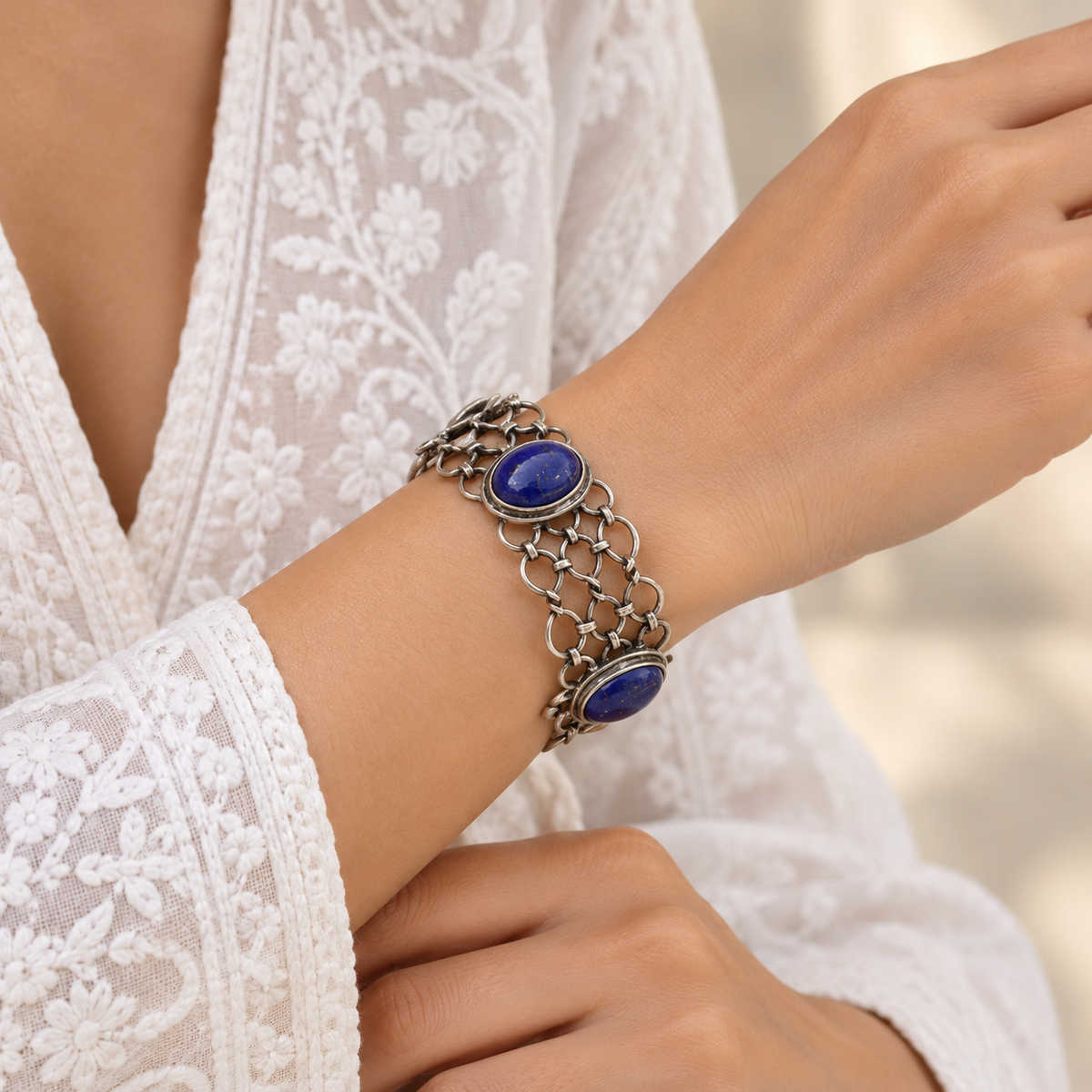 Net Shaped Silver 925 Lapiz Lazuli Cuff