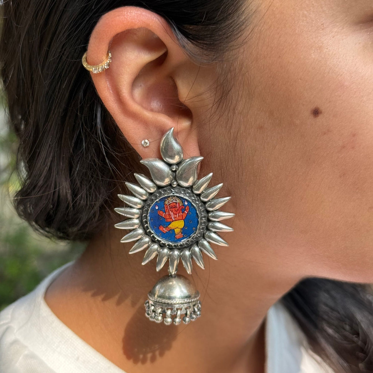 traditional silver jhumka, hand painted Ganesha earrings, dancing Ganesha earrings, Oxidised Earrings 
