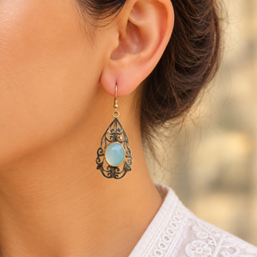 Oval Chalcedony Two Tone Drop Silver 925 Earrings
