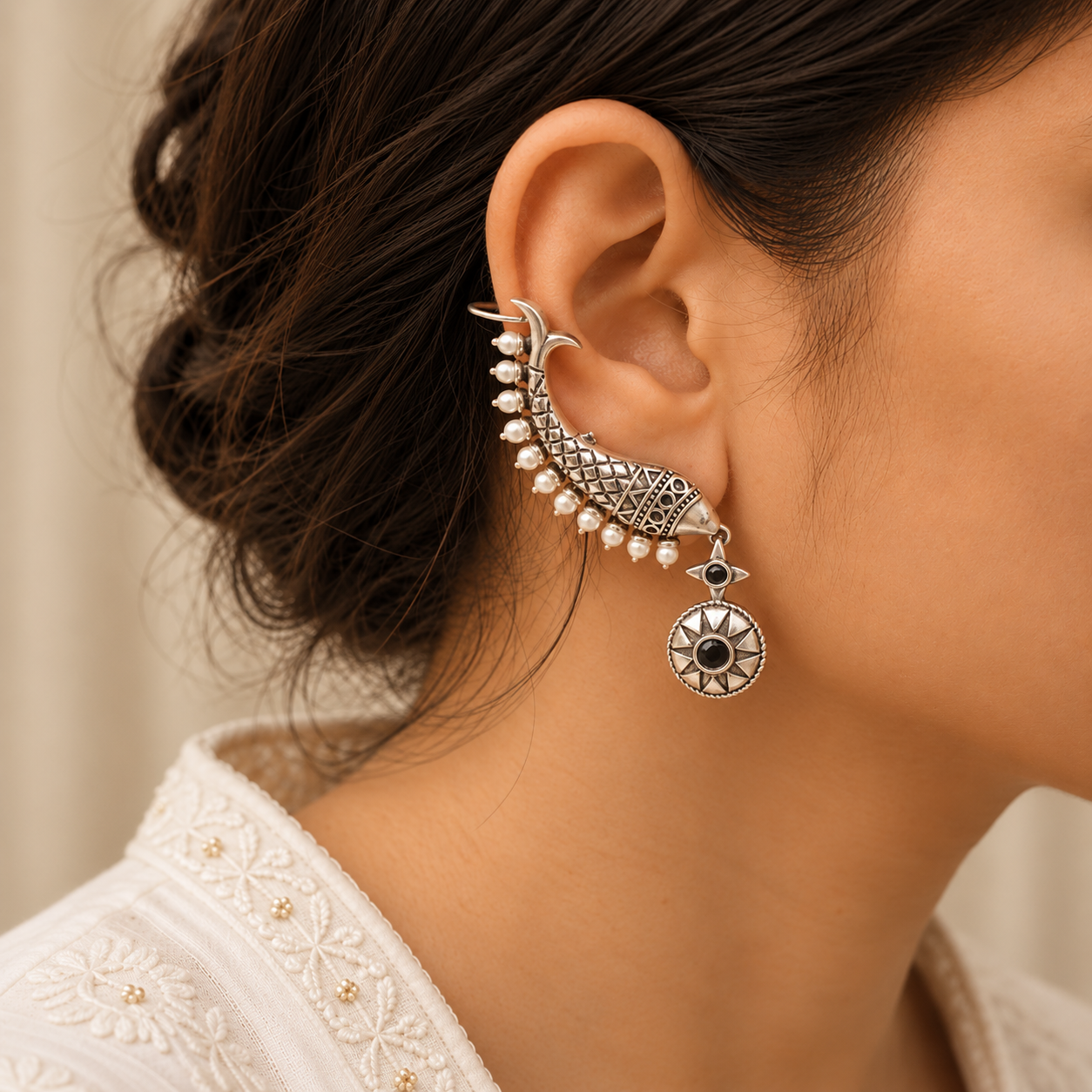 Oxidised silver fish ear cuff earring with pearls