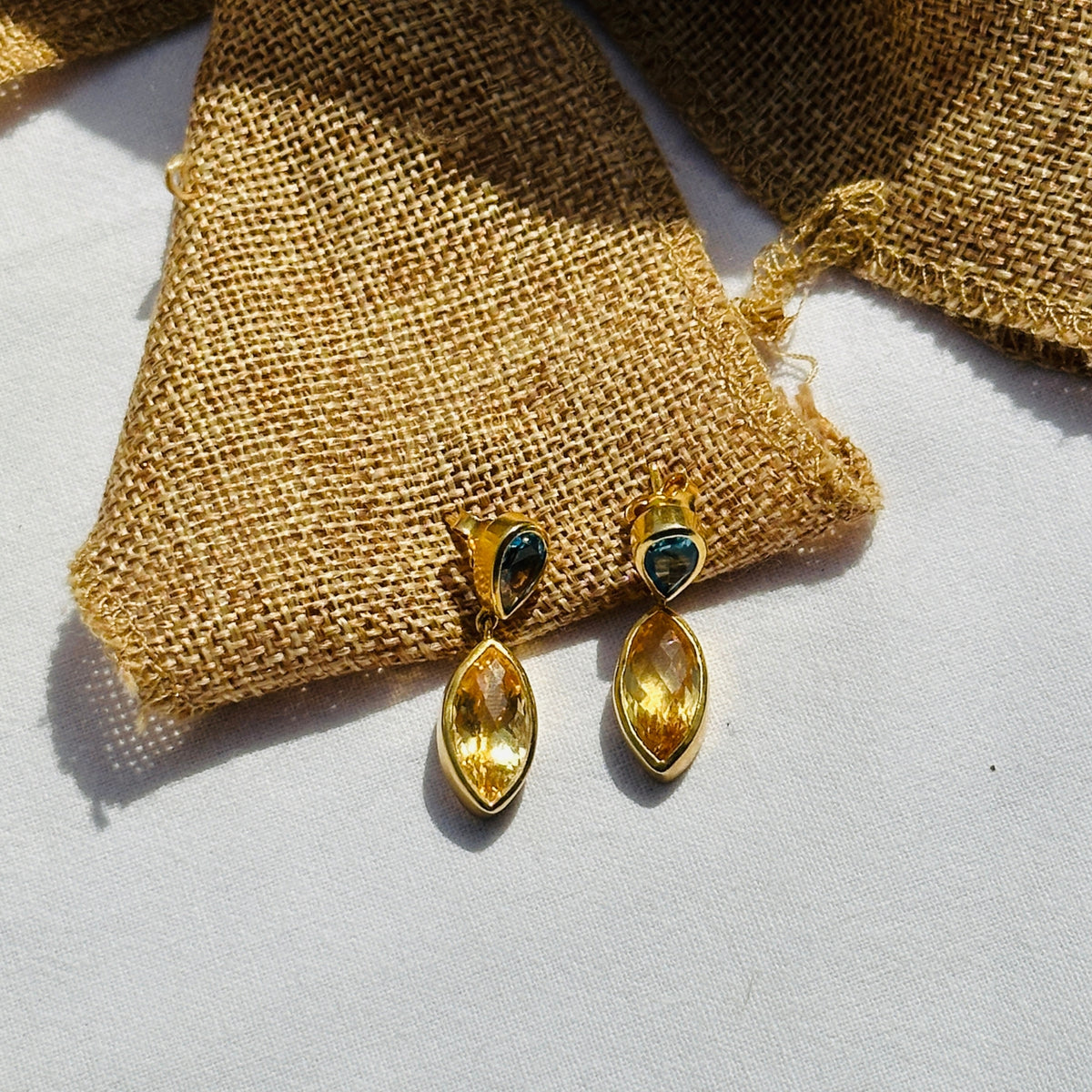 Gemstone Blue Topaz & Citrine 18K Gold plated Silver 925 Earrings