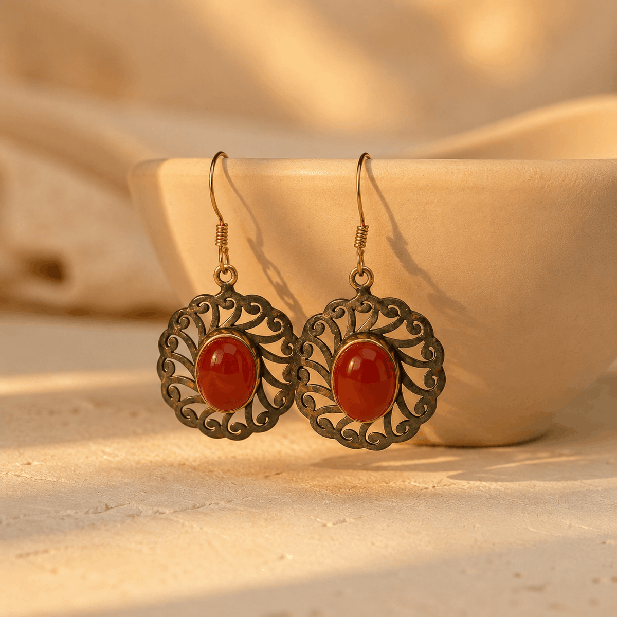 Round Onyx Two Tone Silver 925 Earrings