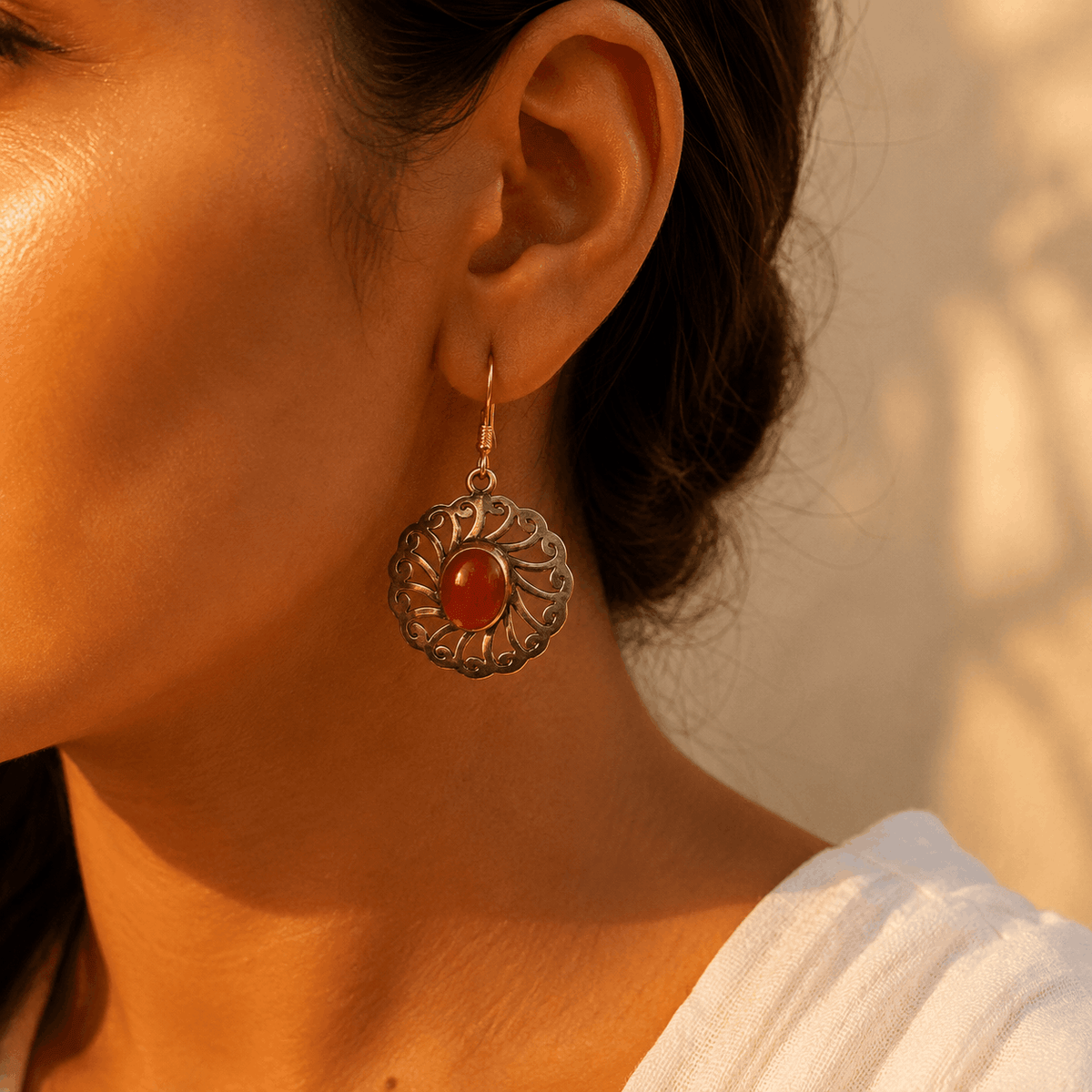 Round Onyx Two Tone Silver 925 Earrings