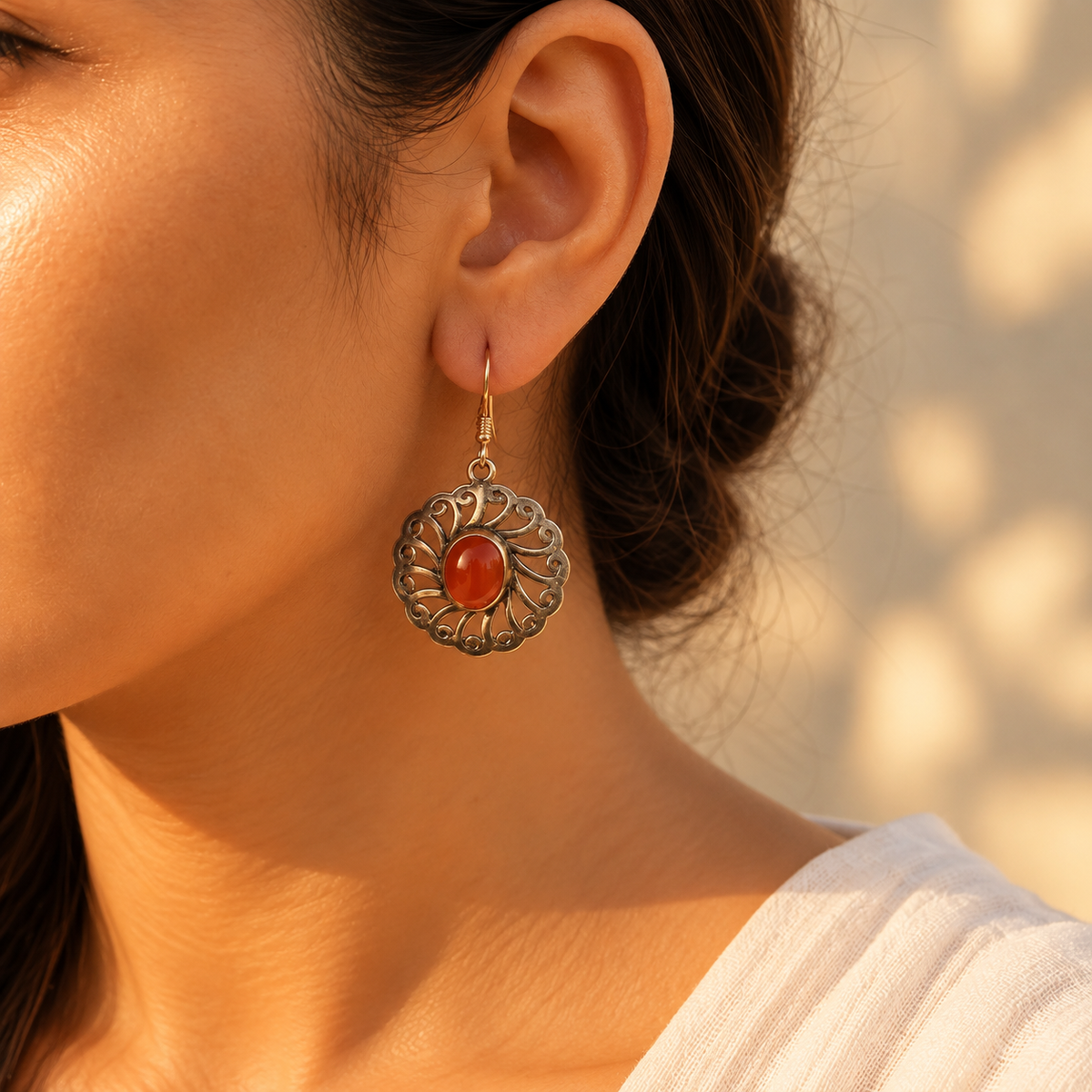 Round Onyx Two Tone Silver 925 Earrings