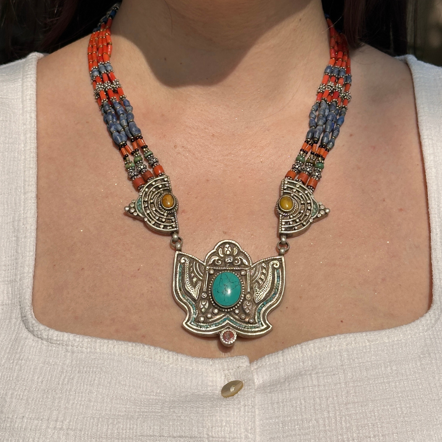 Silver 925 jewelry, Sterling silver necklace, Handmade silver jewelry, Silver necklace for women, Turquoise Necklace, Lapis Lazuli, Coral Gemstone,