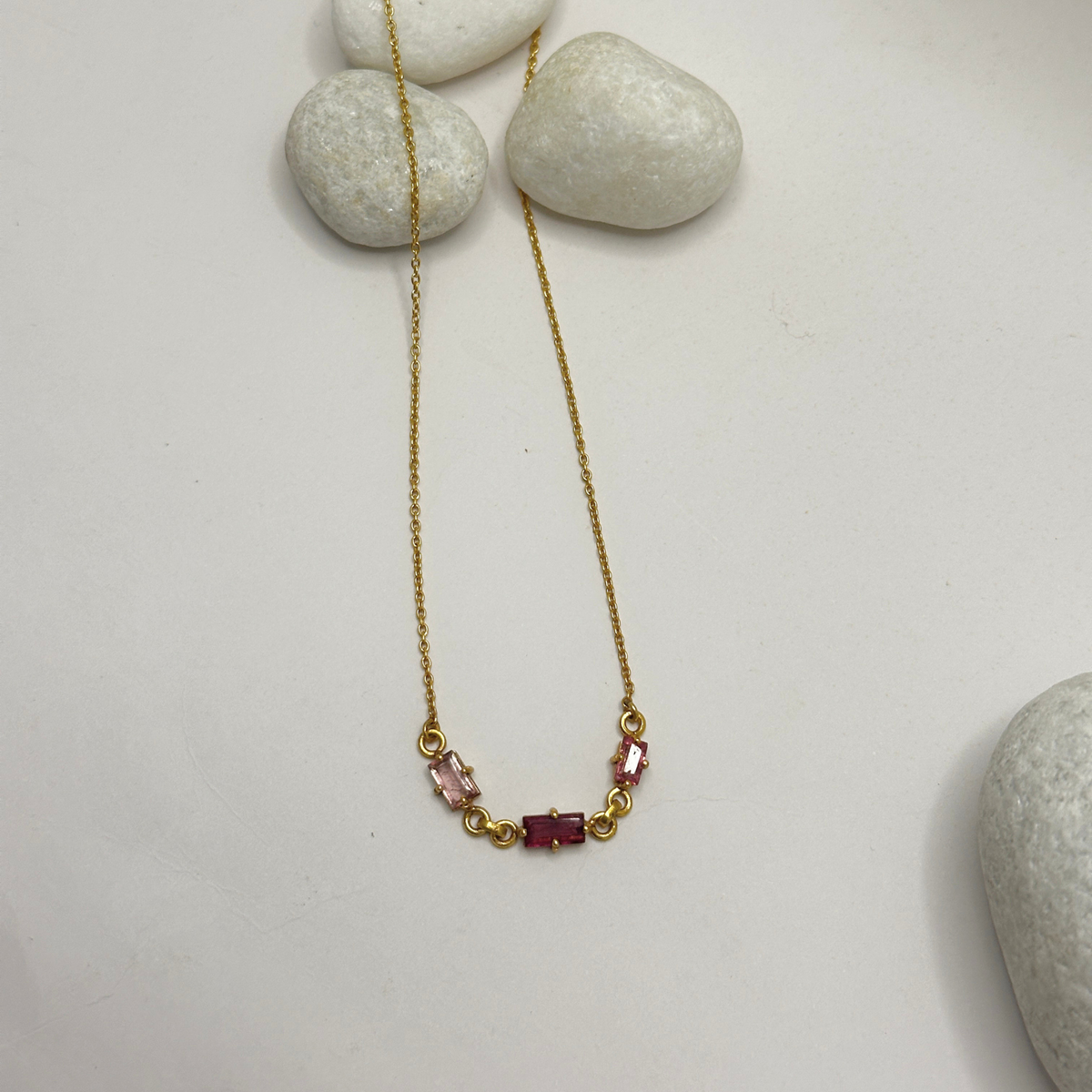 Natural certified pink tourmaline baguette 18k gold plated 
sterling silver 925 necklace minimal lightweight
