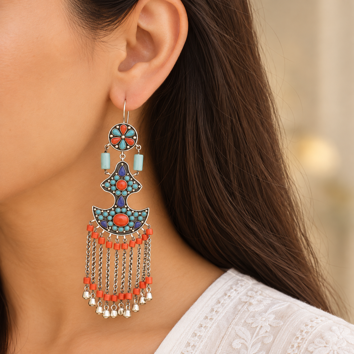 Turquoise & Coral long Tassel Boho 925 Silver Earrings