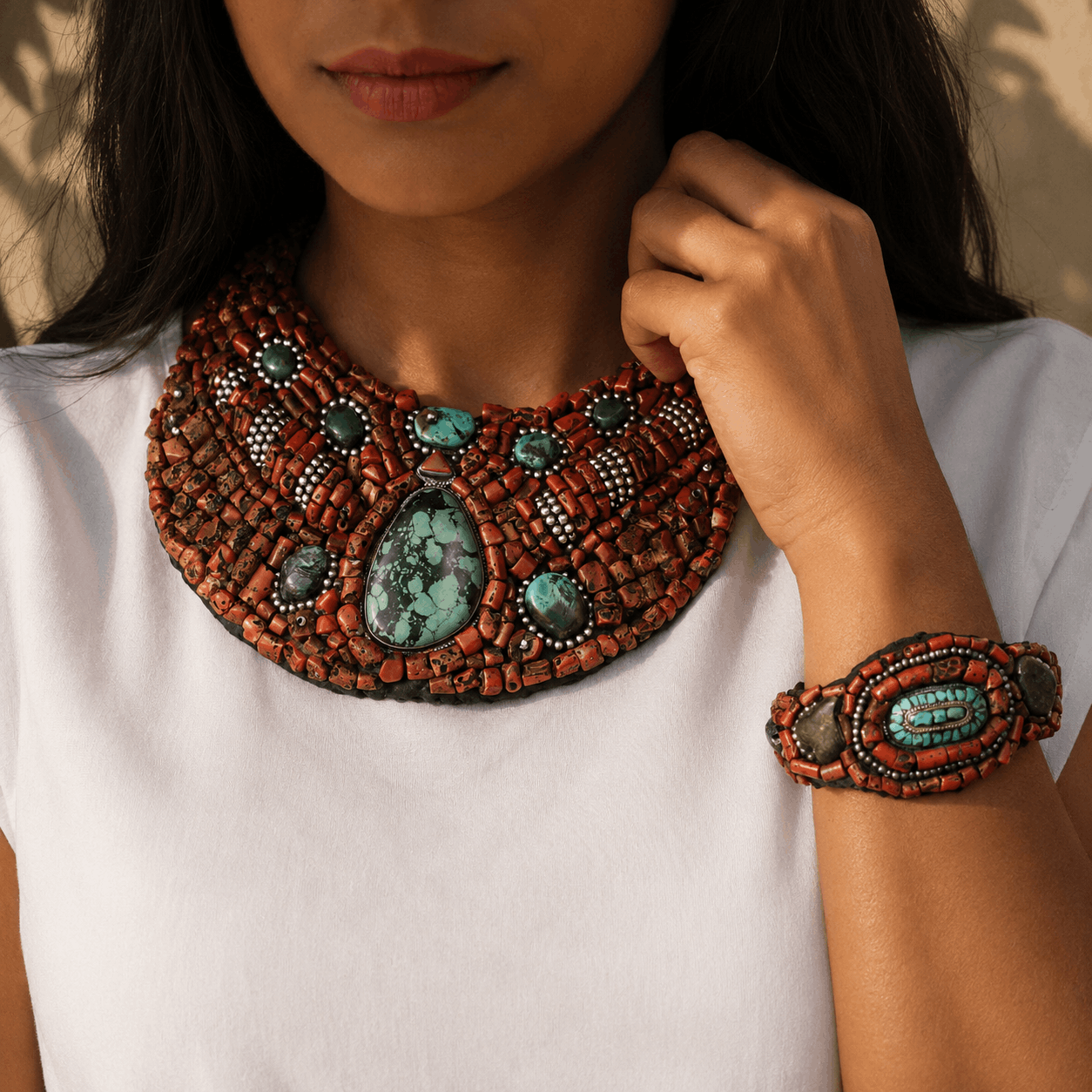 Turquoise & Coral cloth Boho 925 Silver Necklace