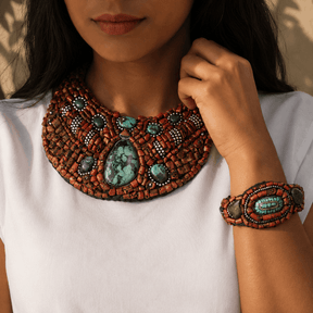 Turquoise & Coral cloth Boho 925 Silver Necklace