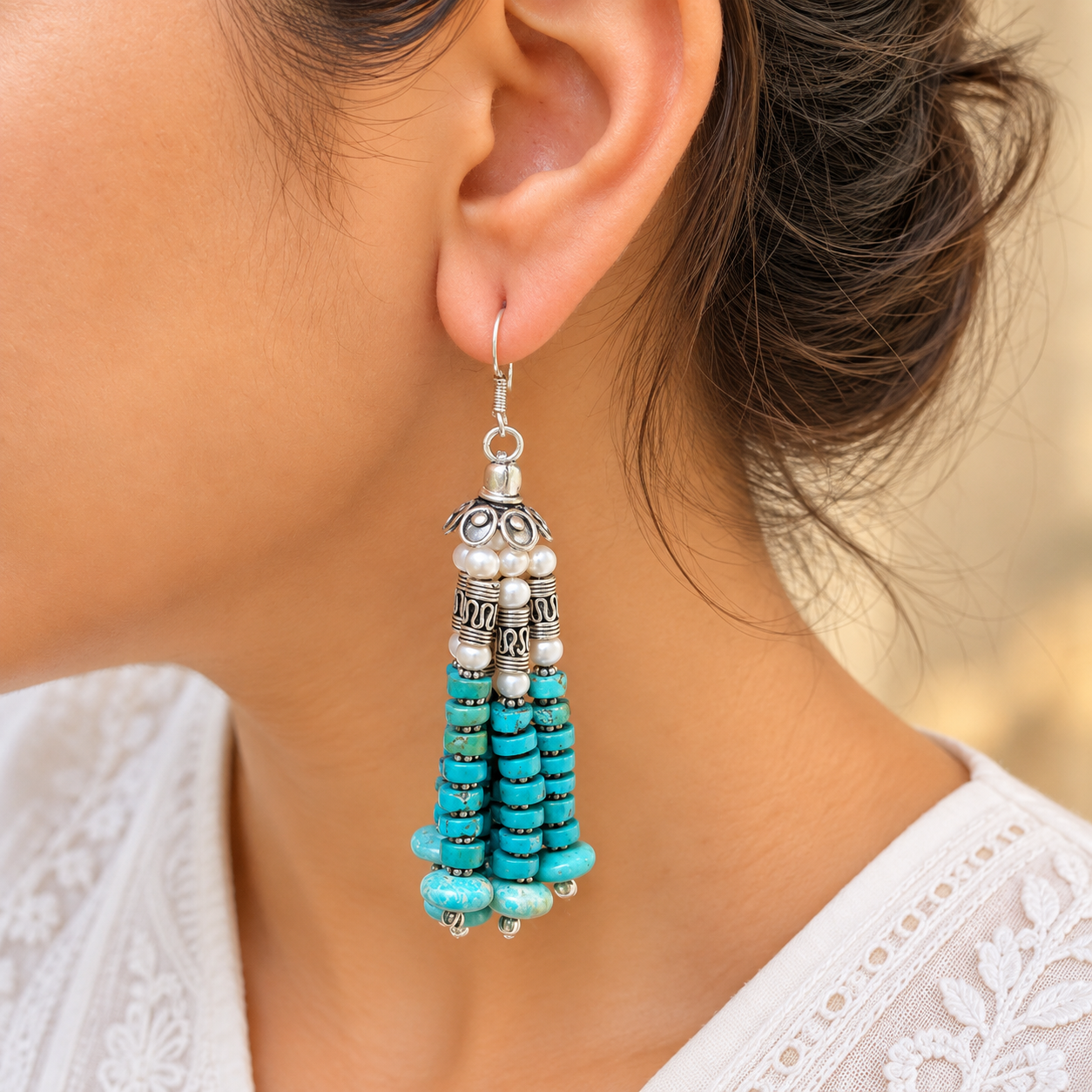 Turquoise & Pearl Beads Hanging Artisan Silver 925 Earrings