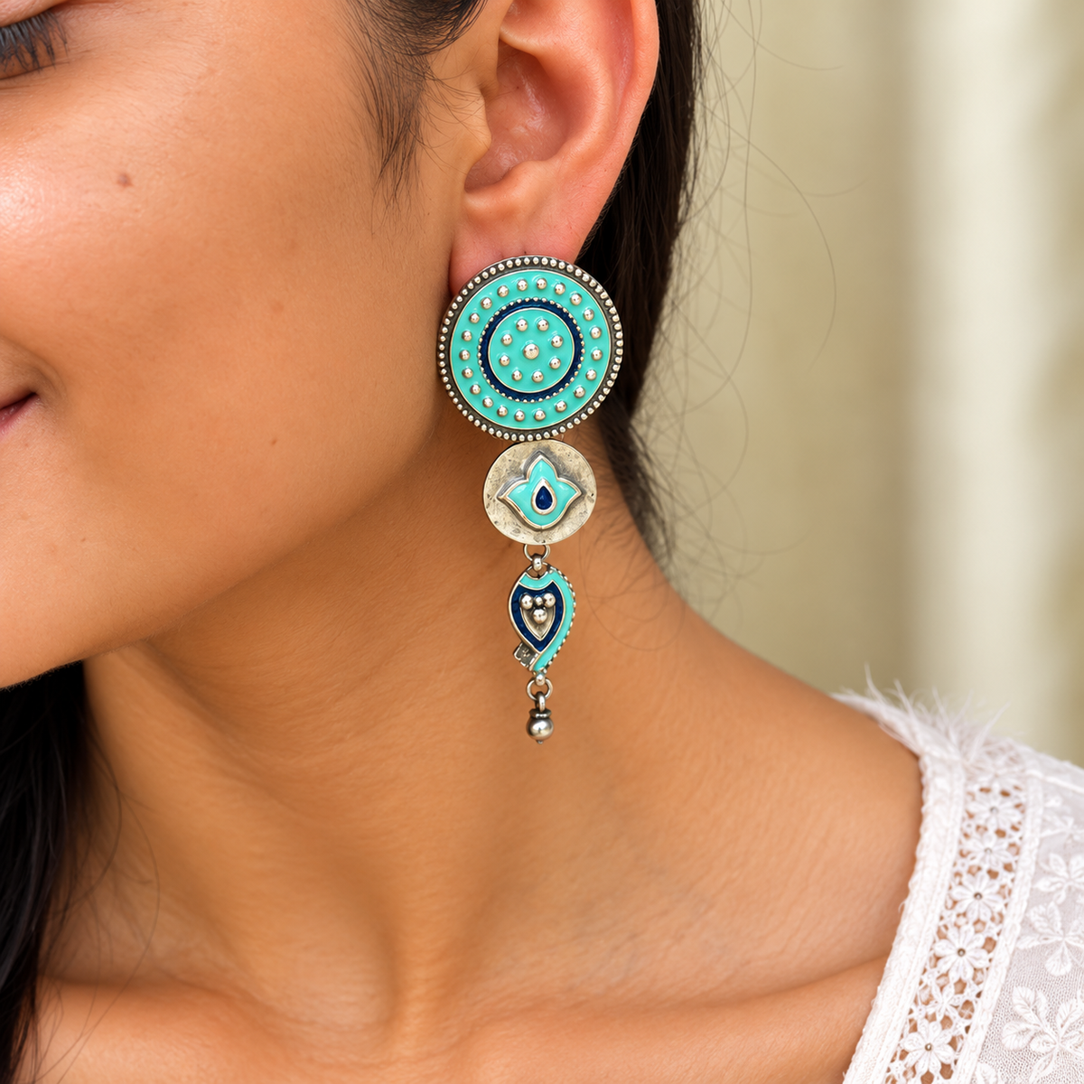 Turquoise and Navy Enamel Silver 925 Earrings