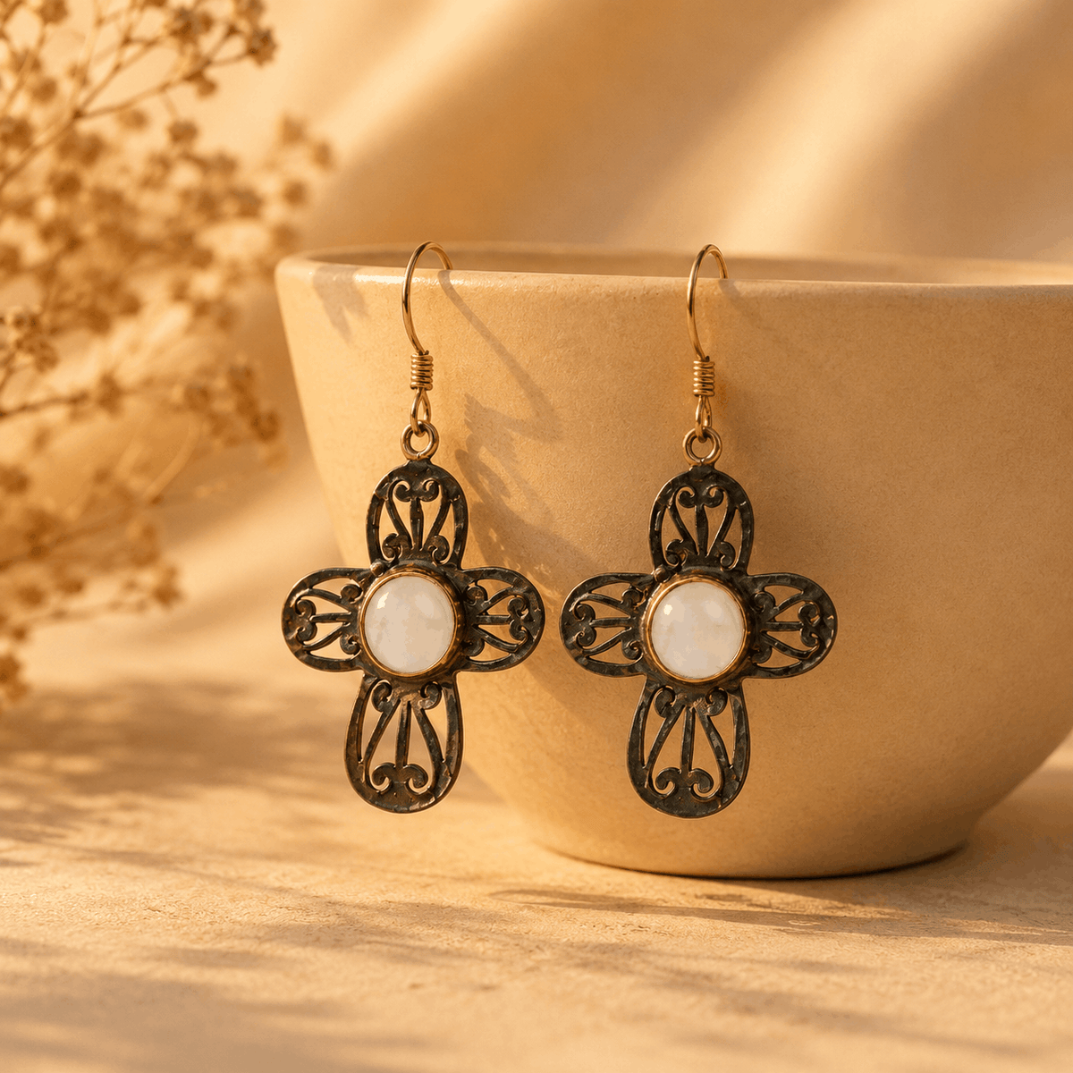 Two Tone Moonstone Silver 925 Flower Earrings