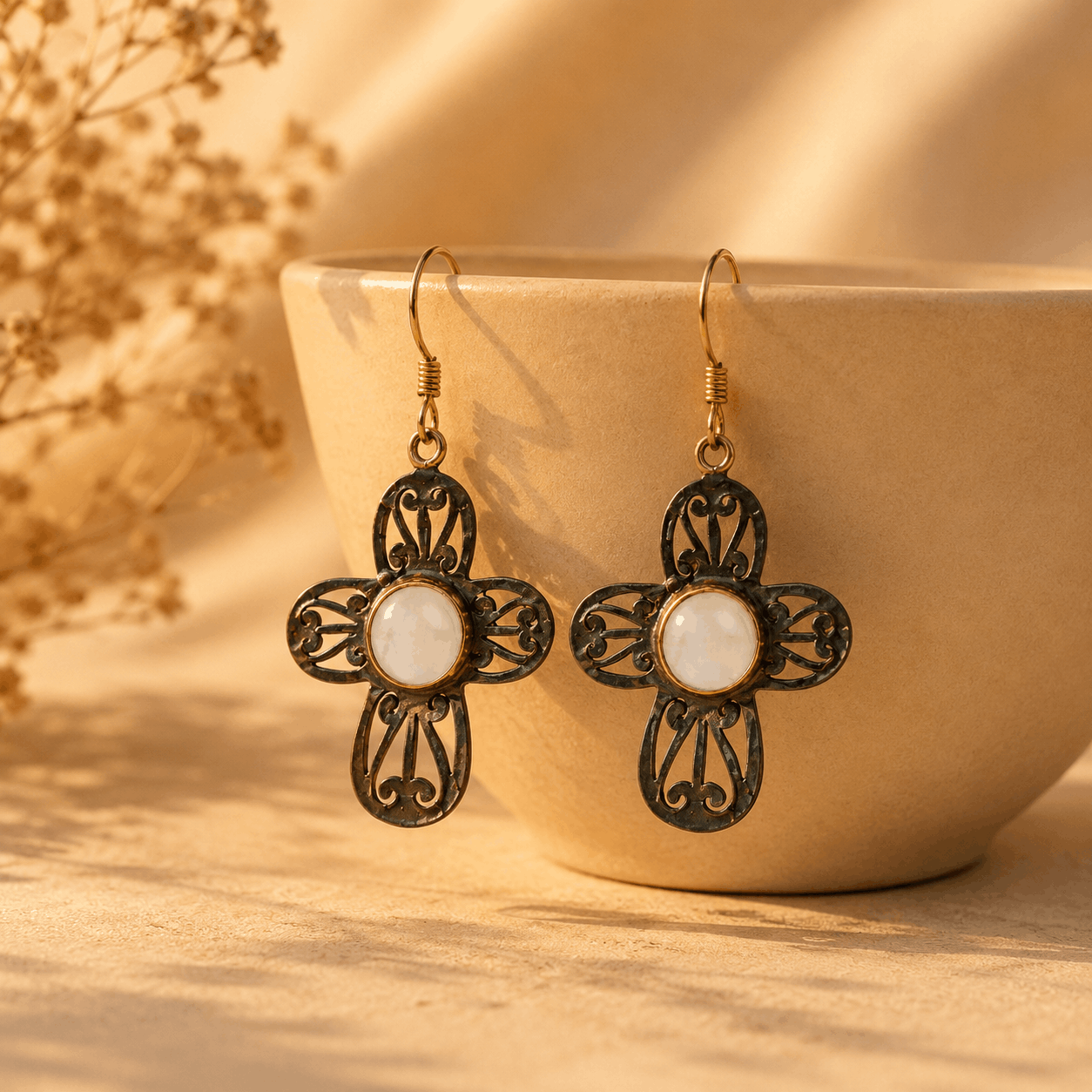 Two Tone Moonstone Silver 925 Flower Earrings
