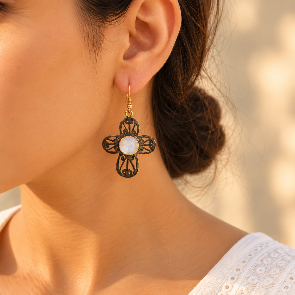 Two Tone Moonstone Silver 925 Flower Earrings