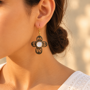 Two Tone Moonstone Silver 925 Flower Earrings