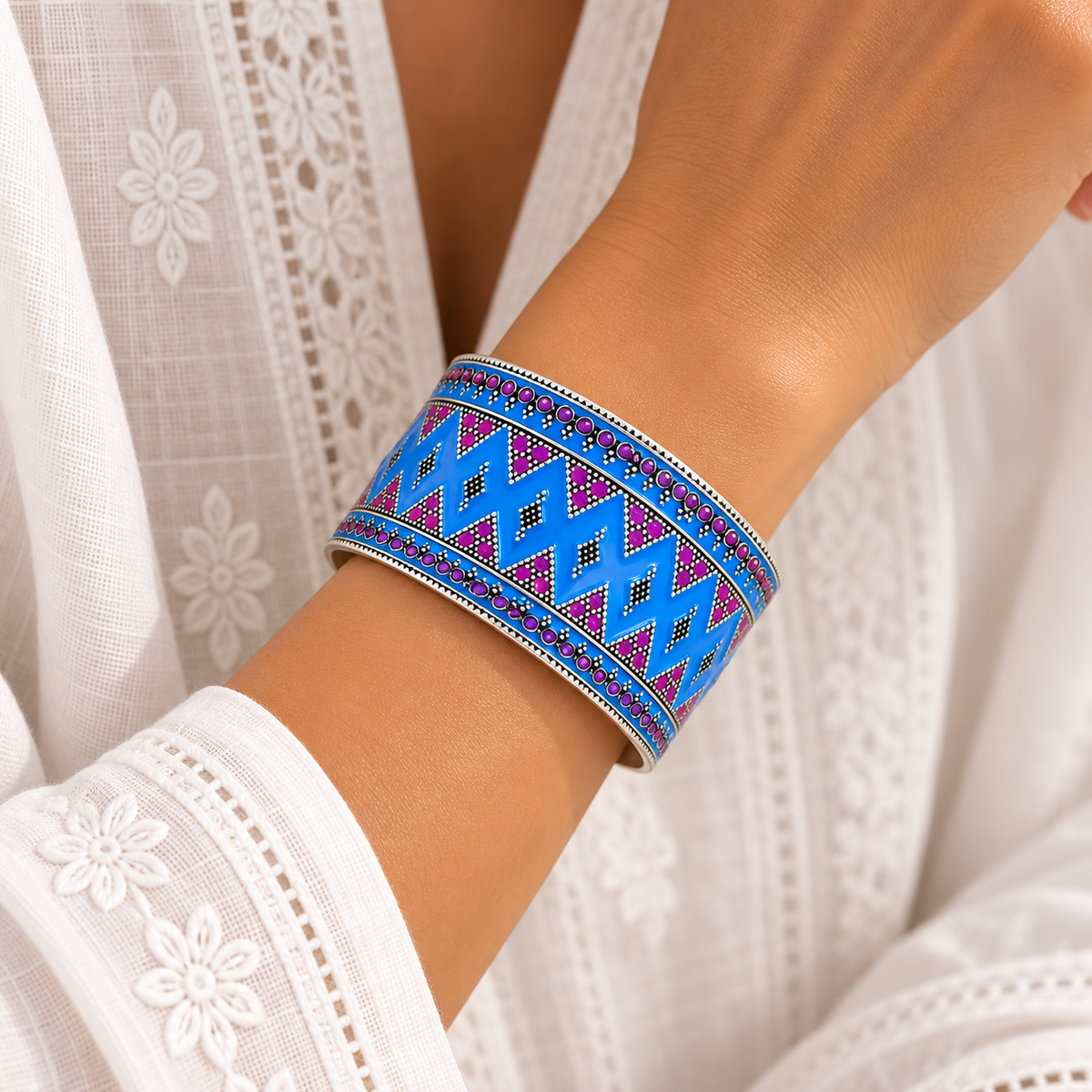 Vakrama Enamel Silver 925 Cuff Bangle