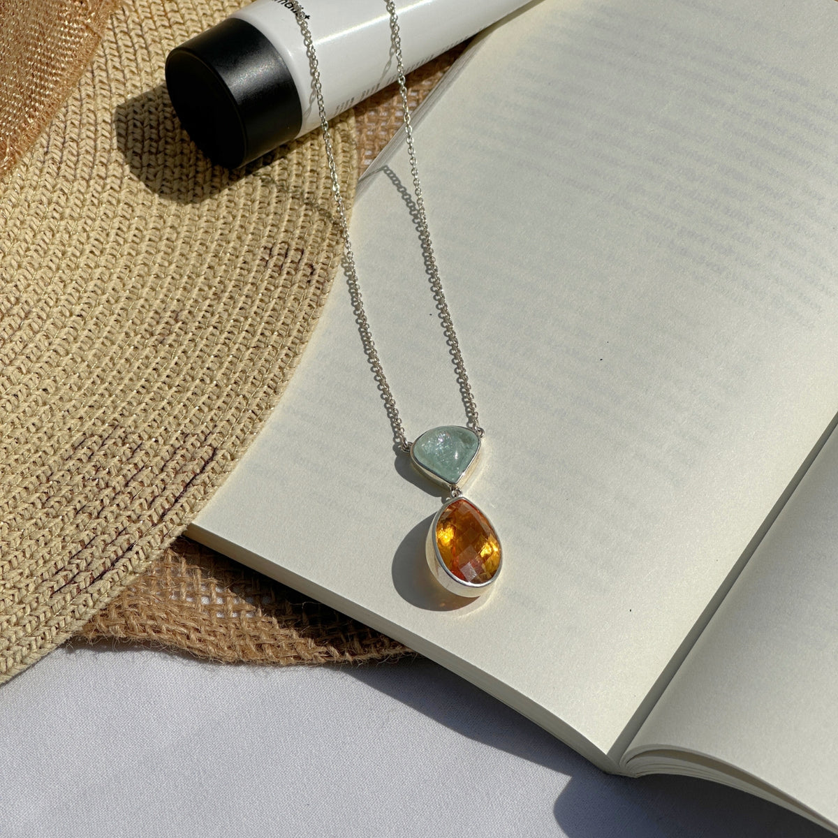 Gemstone Aquamarine & Citrine Silver 925 Necklace