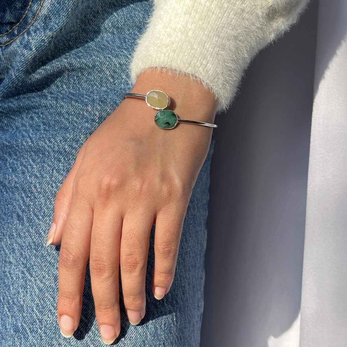 Emerald and yellow sapphire bracelet, Minimal jewelry,  silver bracelet, stylish bracelet, 