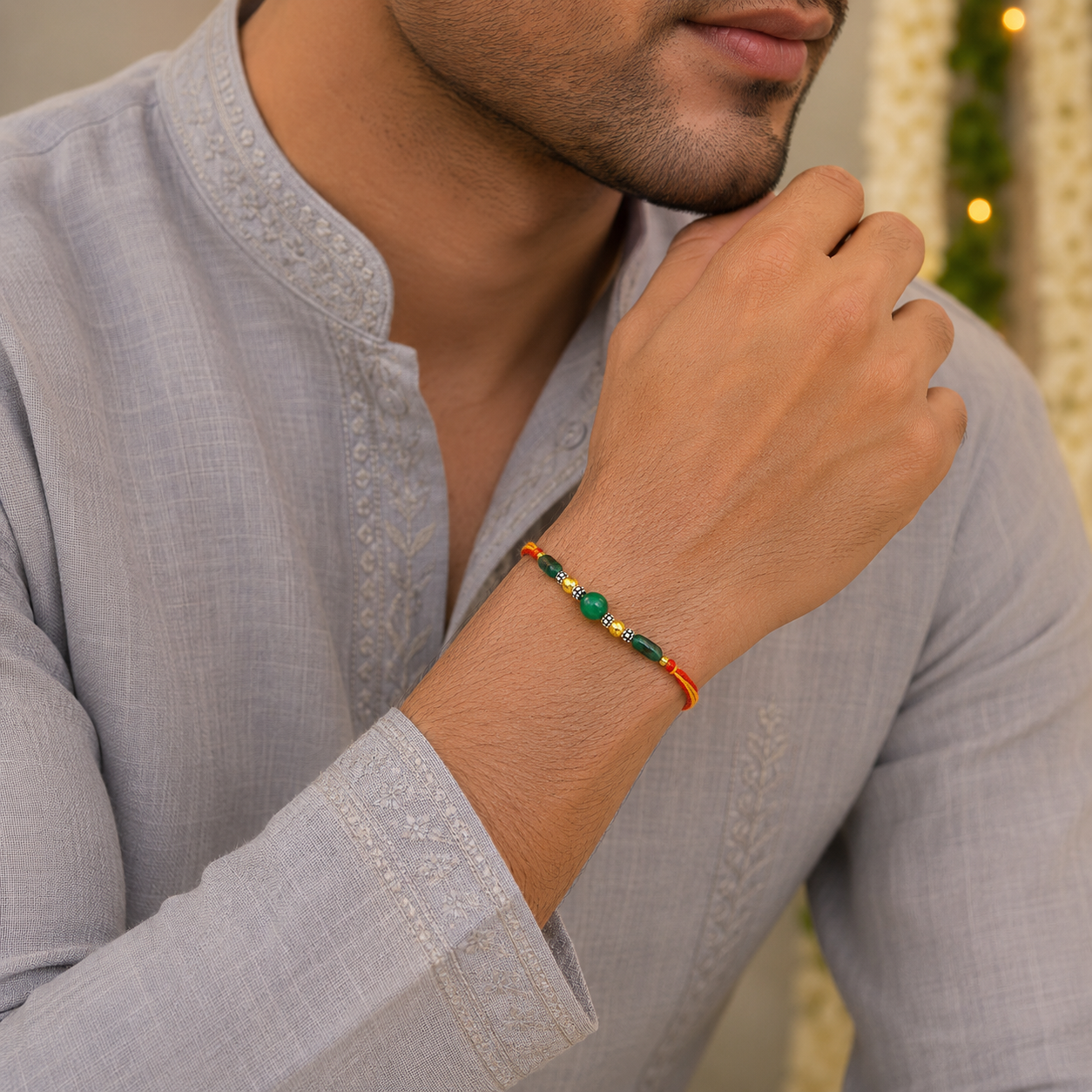 Aryan Green Onyx and Silver 925 Rakhi