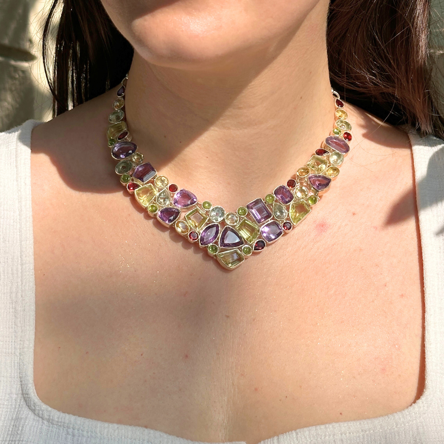 Multistone silver necklace, Silver 925 gemstone necklace, Handcrafted multicolor gemstone necklace in silver 925, Premium silver 925 necklace with mixed gemstones