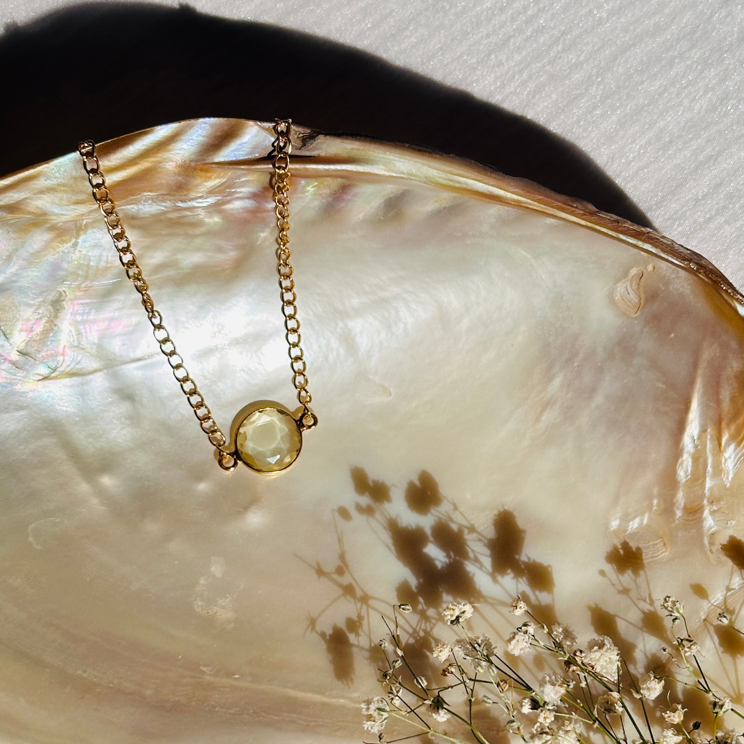 Lemon quartz silver 925 pendant necklace

Natural lemon quartz gemstone silver necklace

Lemon quartz 925 sterling silver pendant

Lemon quartz stone silver necklace India

Elegant lemon quartz silver necklace online

Minimal pendant 

Minimal lemon quartz pendant 


Gold necklace with a yellow gemstone on a large shell with dried flowers.