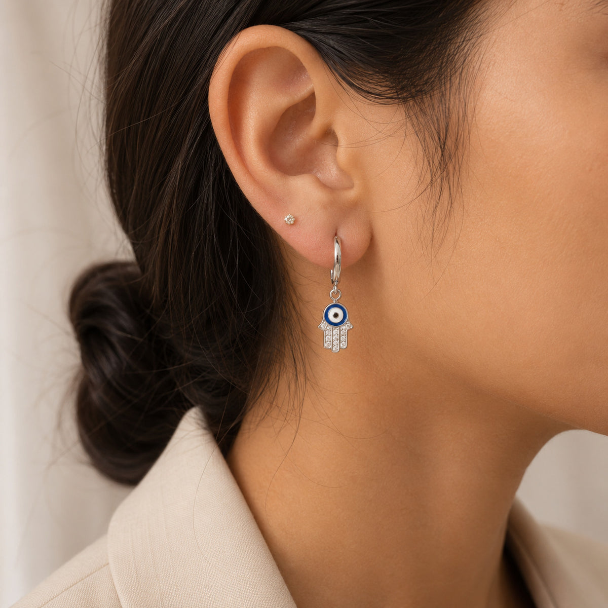 Hamsa Hand & Evil Eye Silver 925 Earrings