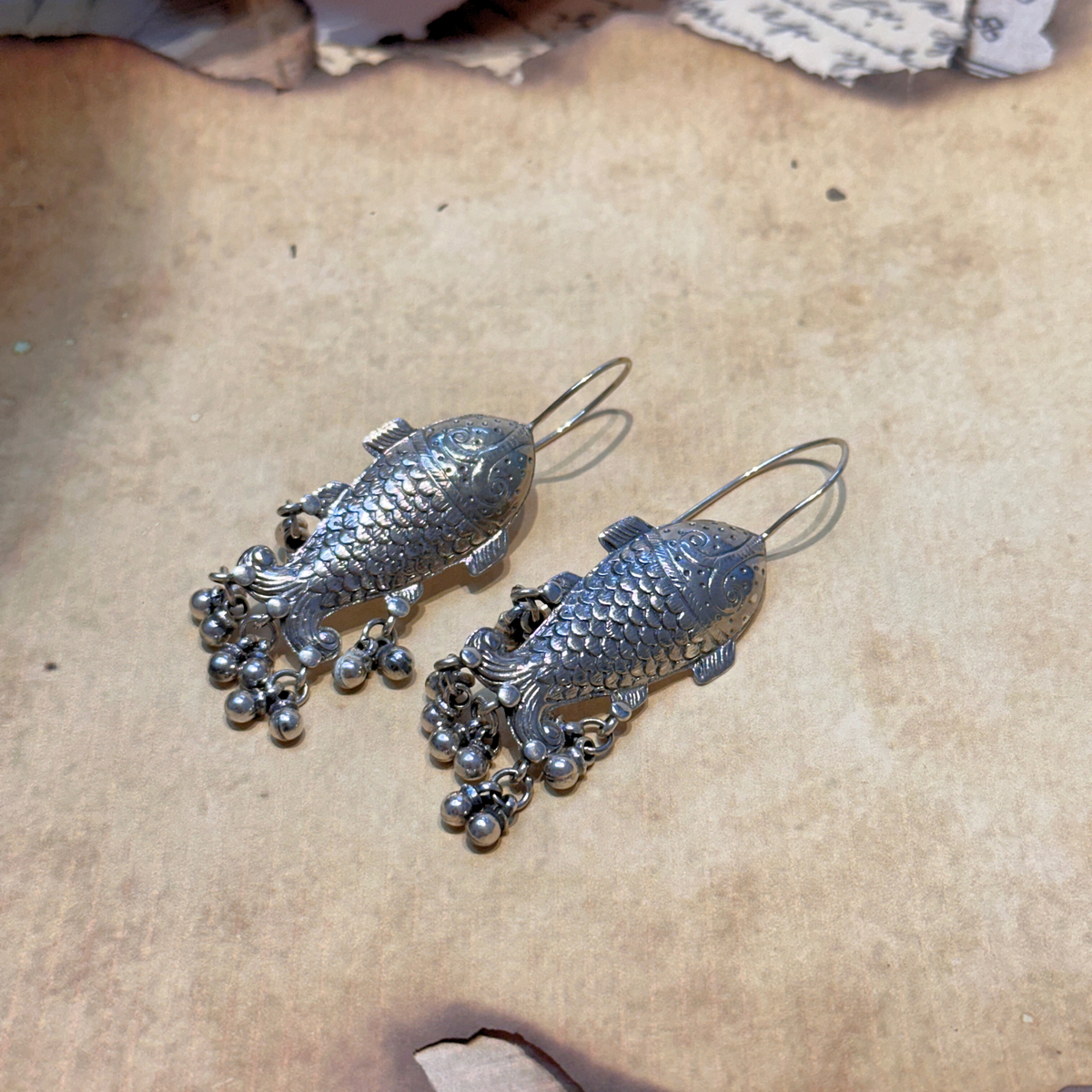 Matsya fish silver 925 earrings worn on ear ethnic style