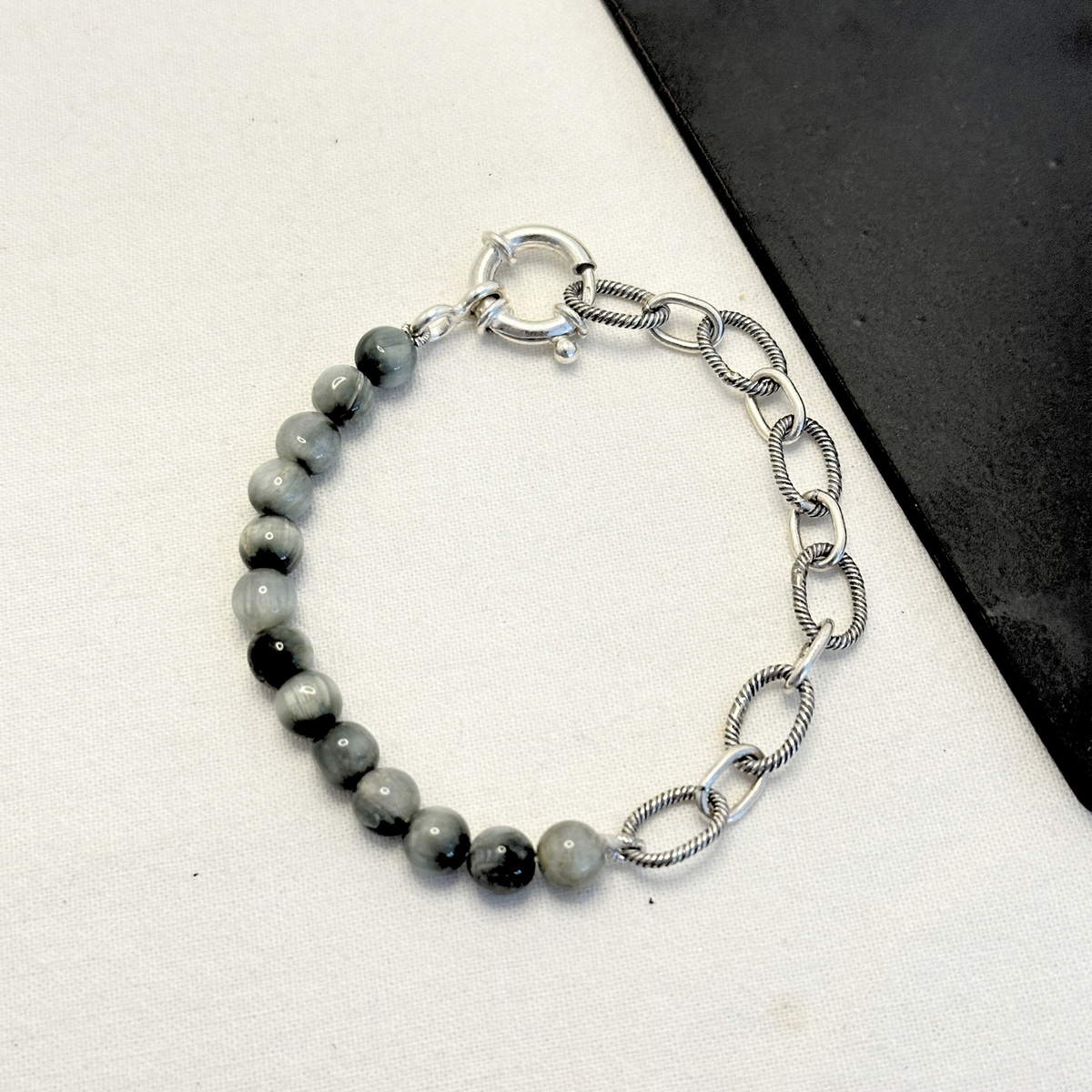 Agate Beaded Men's Silver 925 Chain Bracelet