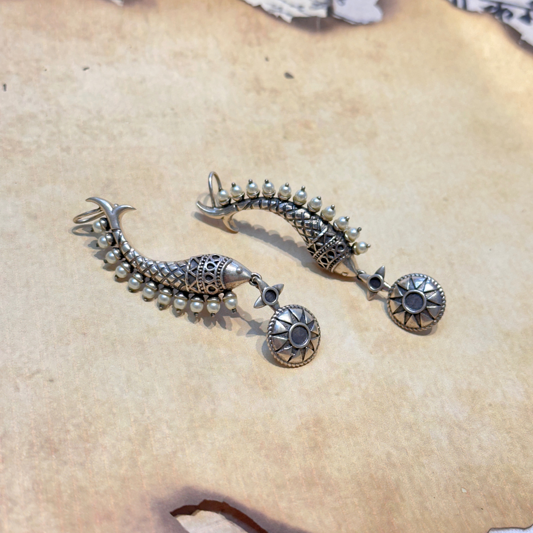 oxidised silver ear cuff ghungroo beads engraved detail