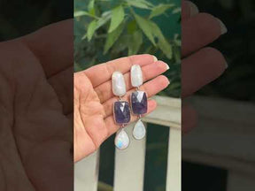 3 Stone Rainbow Moonstone & Iolite Silver 925 Earrings