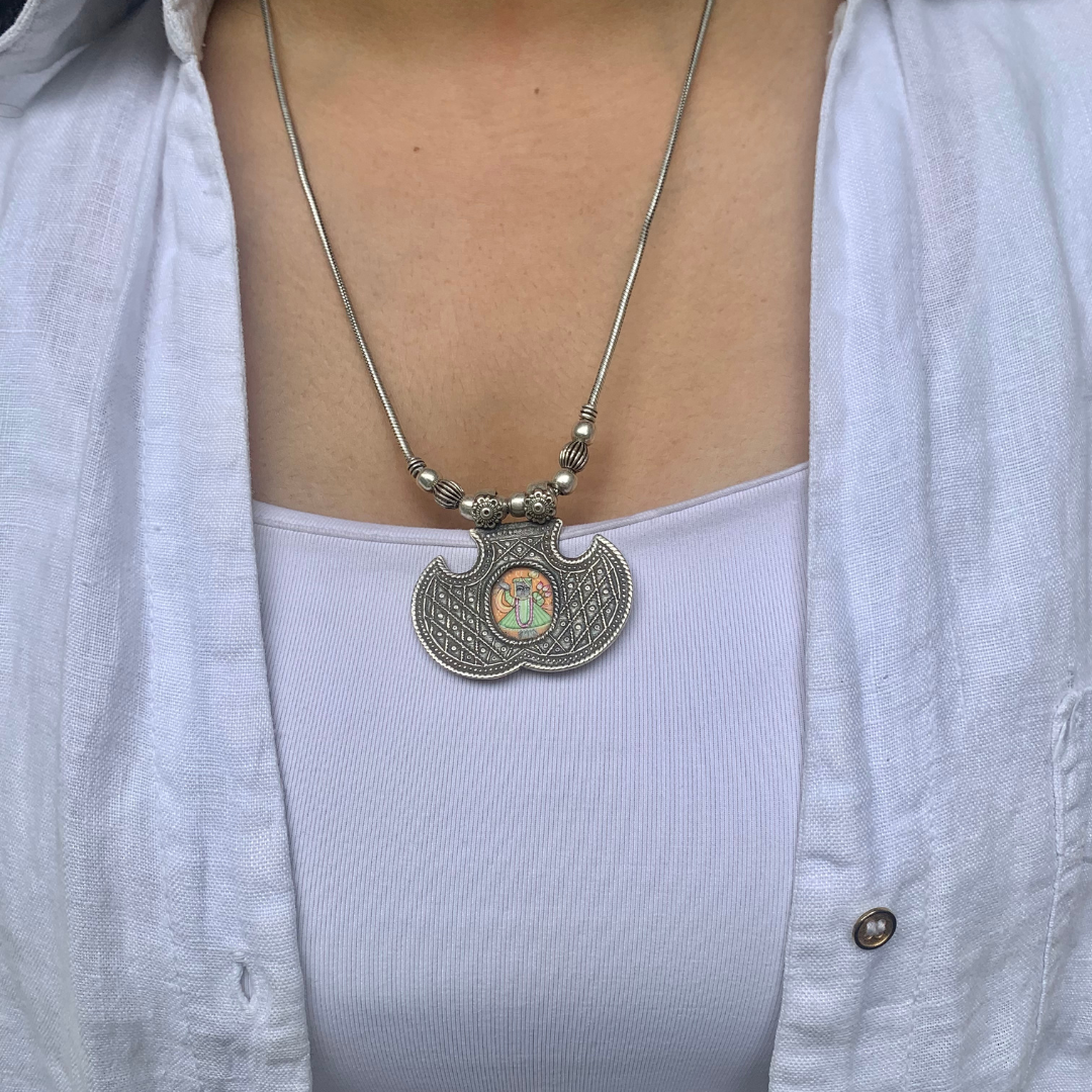 Rajwadi Aabhushan Handpainted Miniature Art Silver Necklace