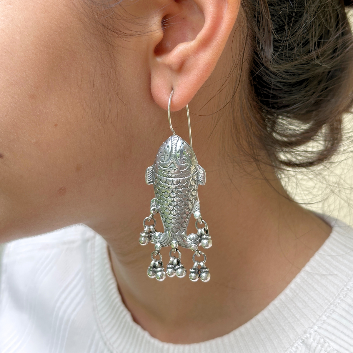 statement silver earrings for women fish design 925 silver