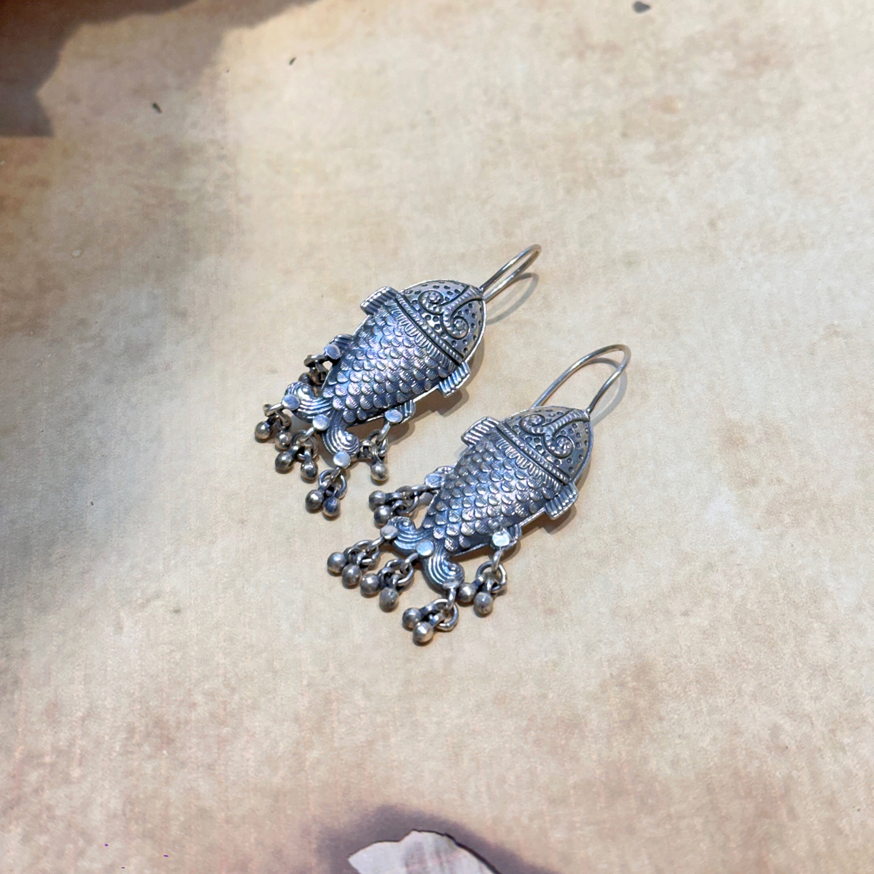 tribal silver earrings big size fish motif ghungroo