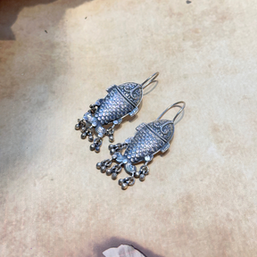 tribal silver earrings big size fish motif ghungroo