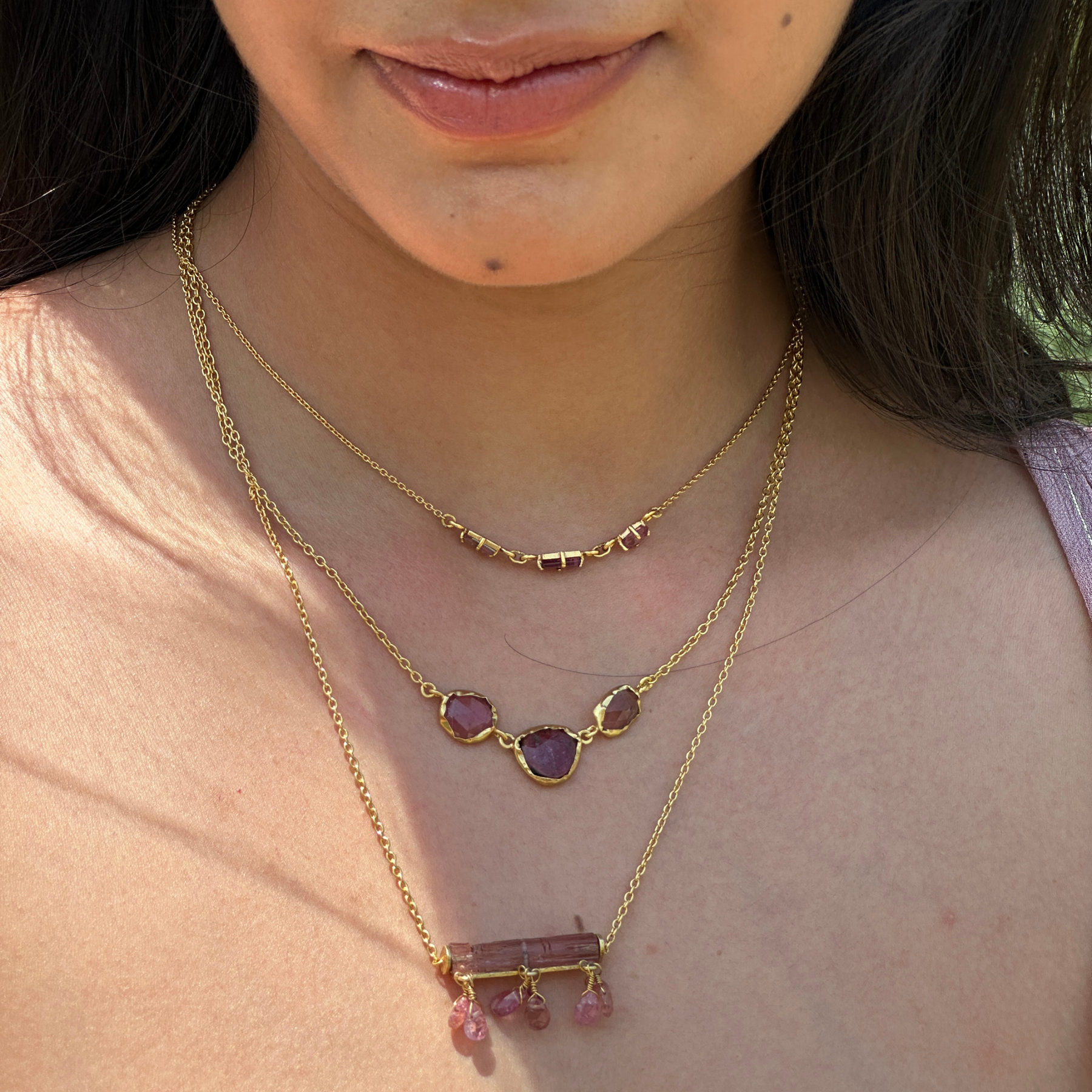 Three pink tourmaline baguette gemstones gold plated chain 
necklace 925 sterling silver certified natural stone