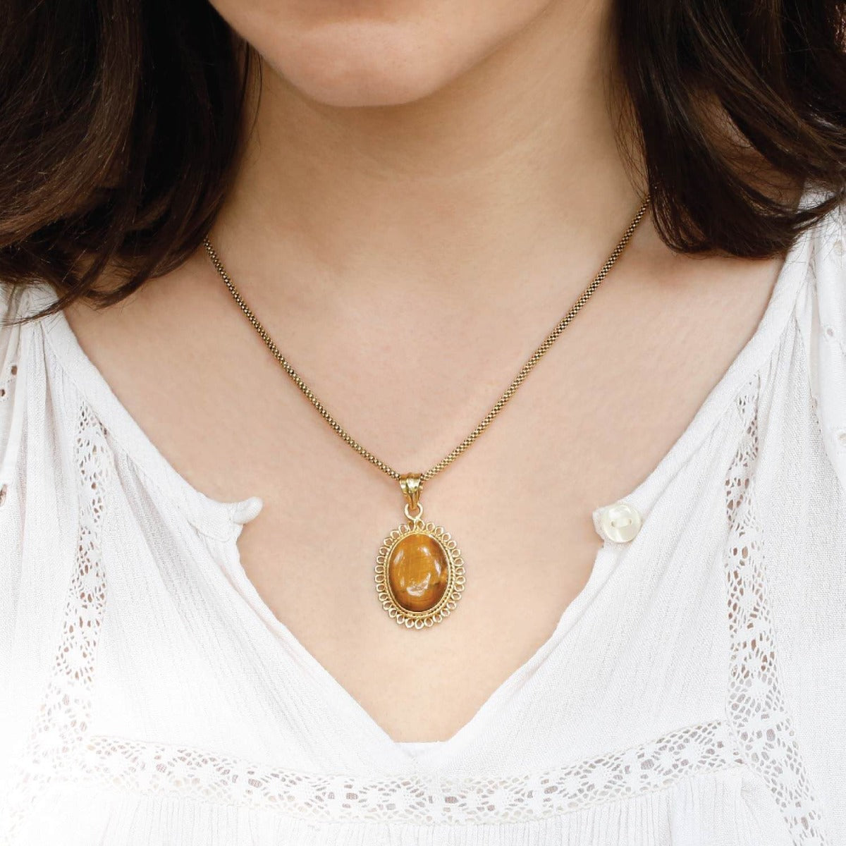 Gold plated tiger eye oval pendant