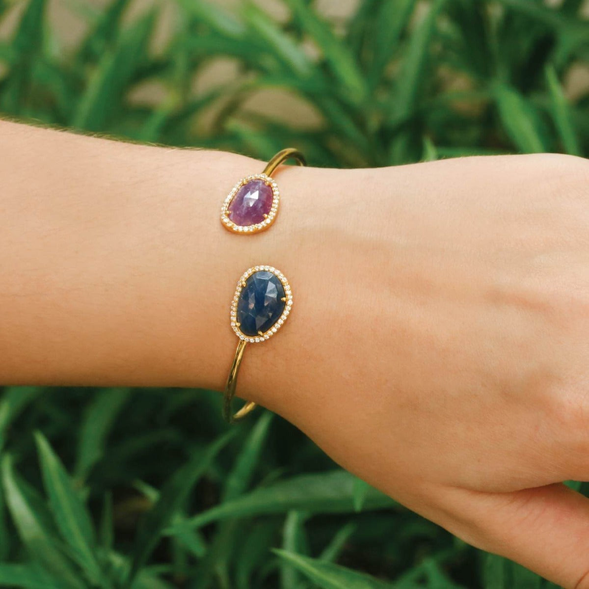 Sapphire & zircon gold plated bangle