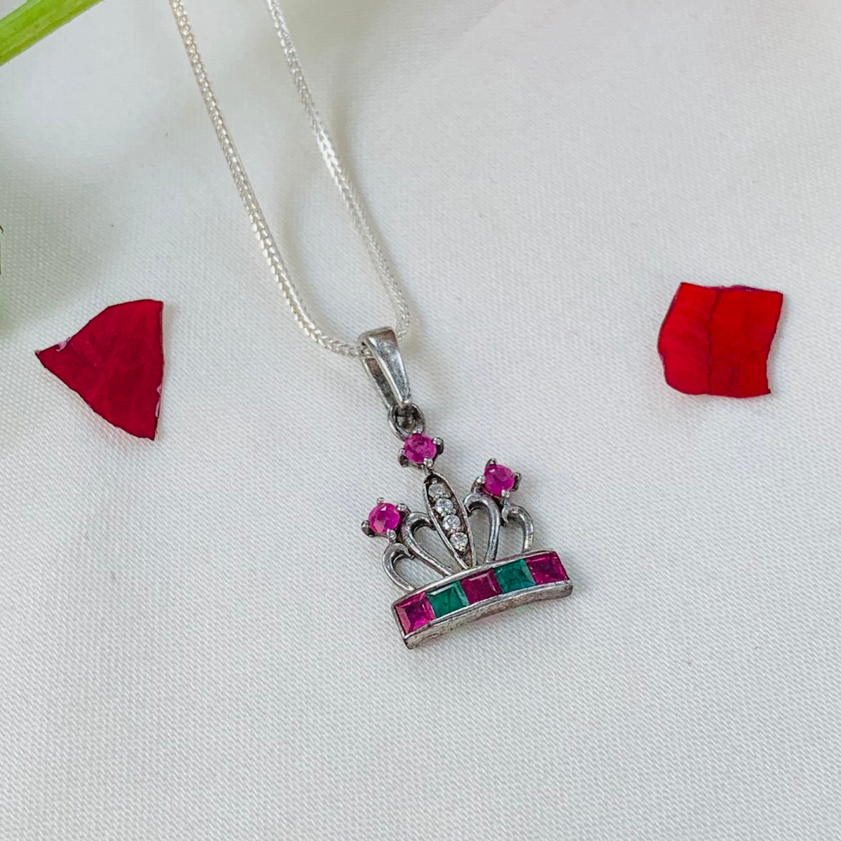 Aleeza Ruby Emerald Sterling Silver Crown Pendant