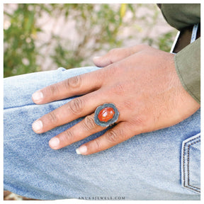 Oval shape ring, carnelian ring, sterling silver ring, gemstone ring, shiny ring, orange ring, red ring , Black oxidized ring