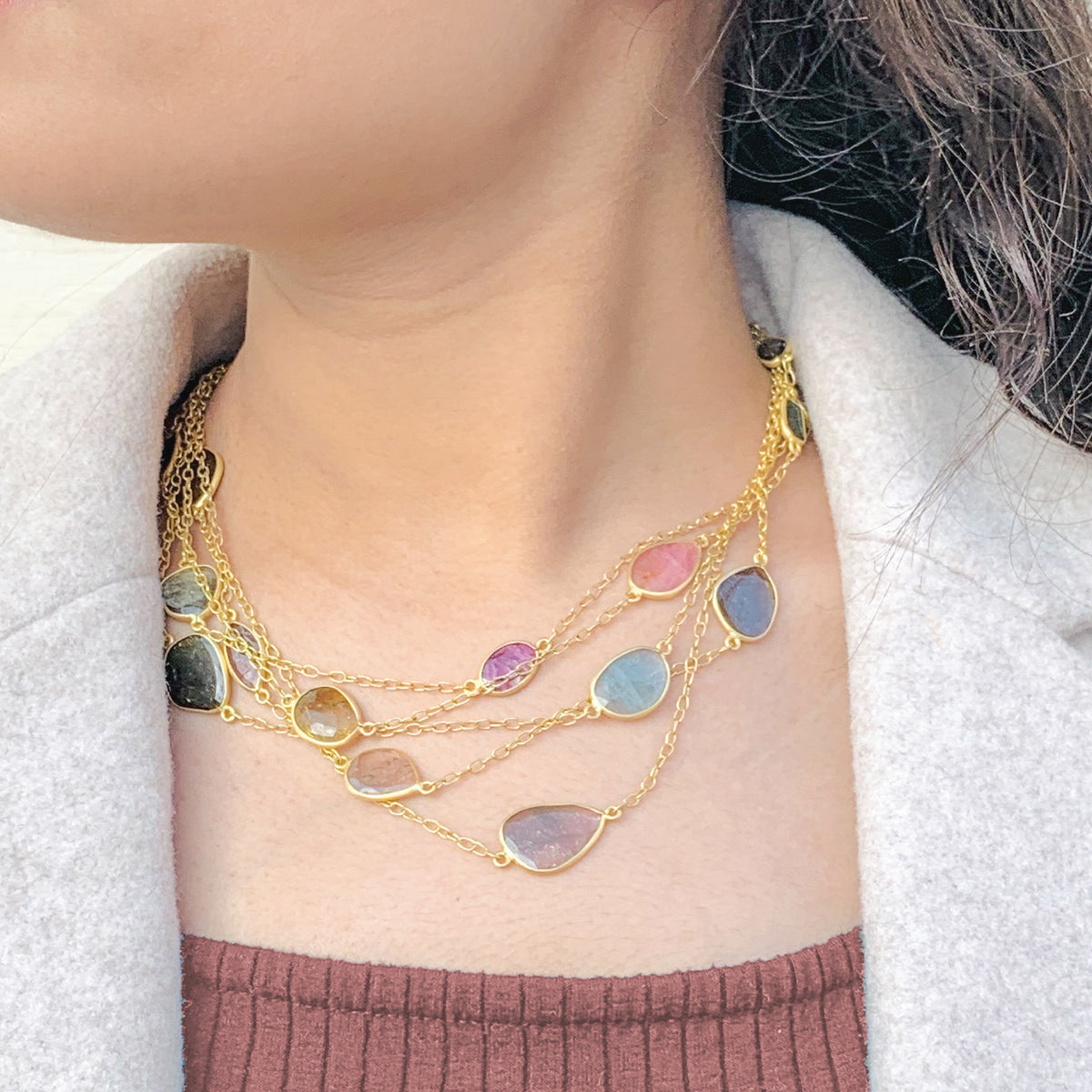 Layered chain stylish gemstone  Colorstone 18K Gold Plated Silver 925 Necklace