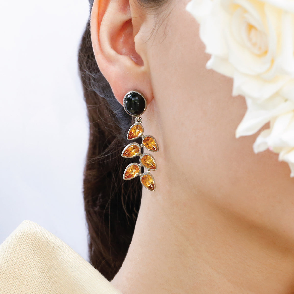 Gemstone Black star & Citrine Silver Earrings