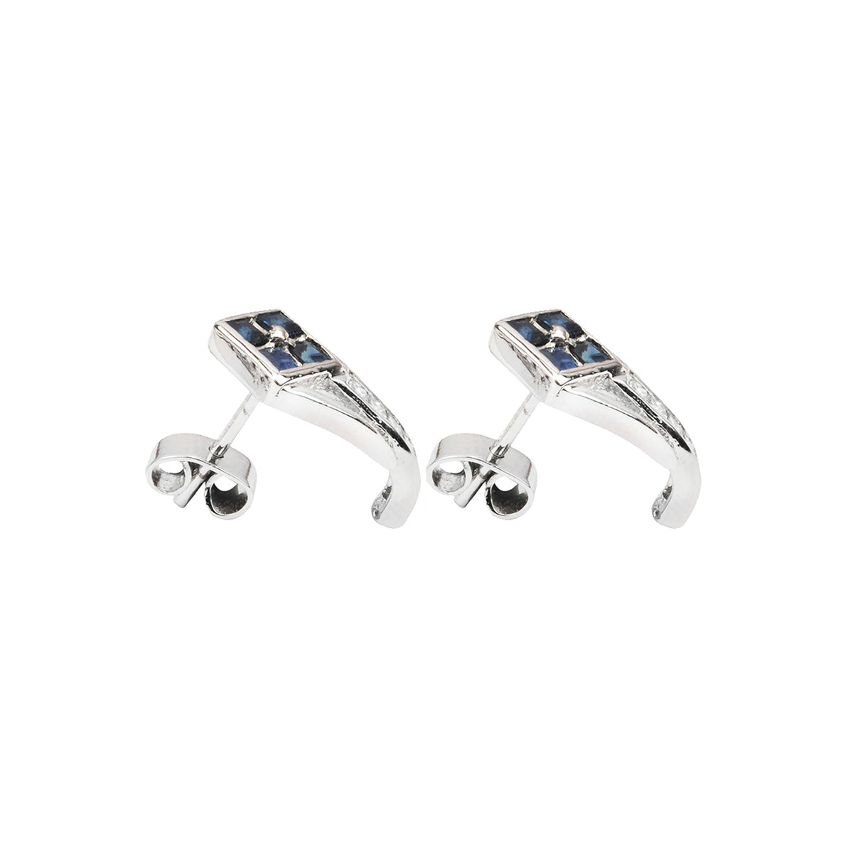 Diamonds row and princess cut blue sapphire set in silver ear studs