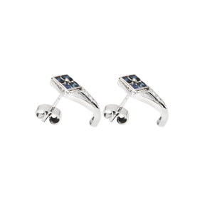 Diamonds row and princess cut blue sapphire set in silver ear studs