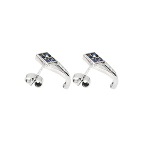 Diamonds row and princess cut blue sapphire set in silver ear studs